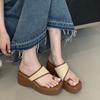 Thick-soled wedges, slippers, waterproof platform, muffin bottom, toe sandals, holiday straw weaving fashion, and wedges.