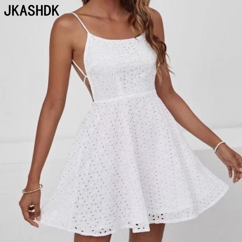 JKASHDK Moda feminina verão primavera cor sólida estampa sem mangas suspensórios cintura alta vestidos casuais