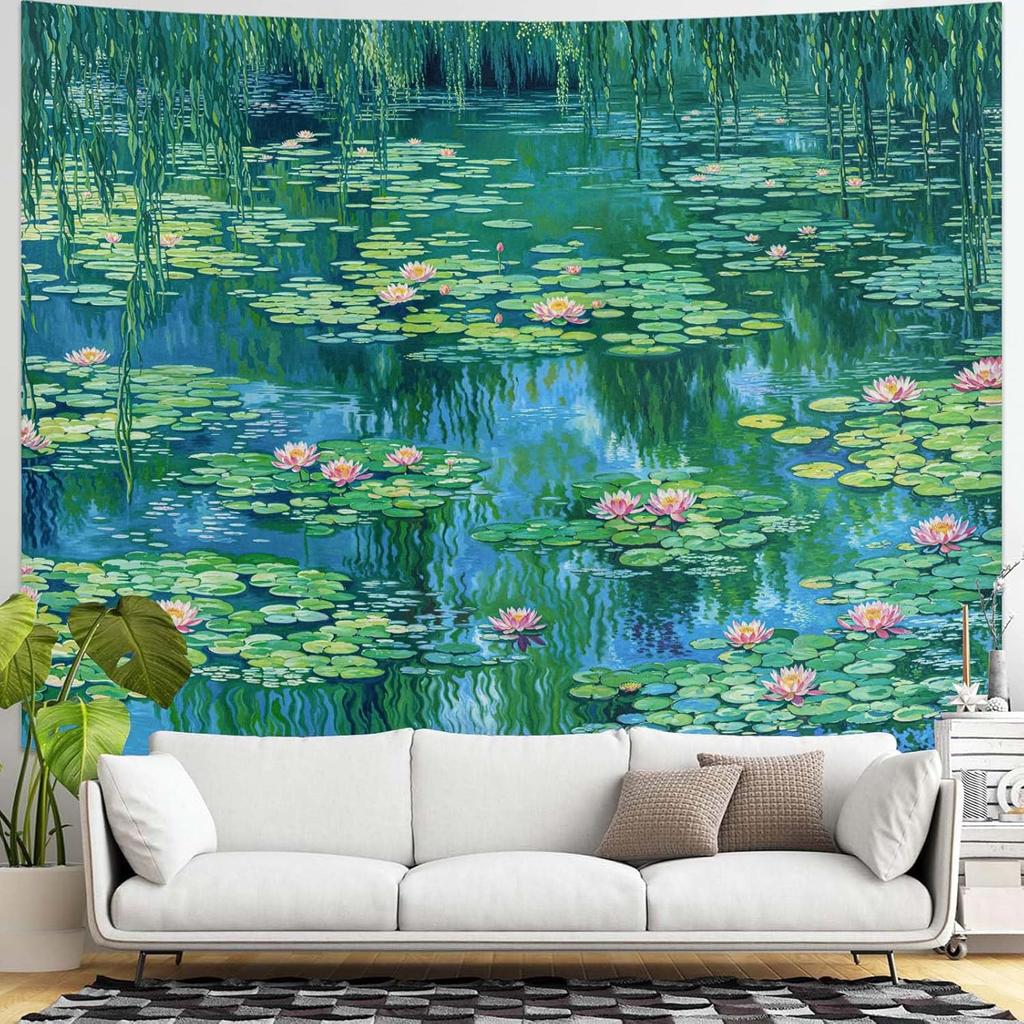 Monet Water Lilies Tapestry Impressionist Floral Wall Hanging with Pond & Willow for Bedroom Living Room & Artistic Home Decor