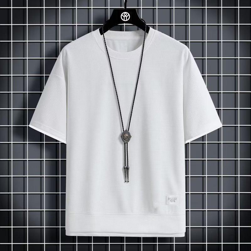 Little Clothing Waffle Round Neck Short Sleeve Men's Summer New Fake Two-piece Loose Ice Silk Thin Five-point Sleeve
