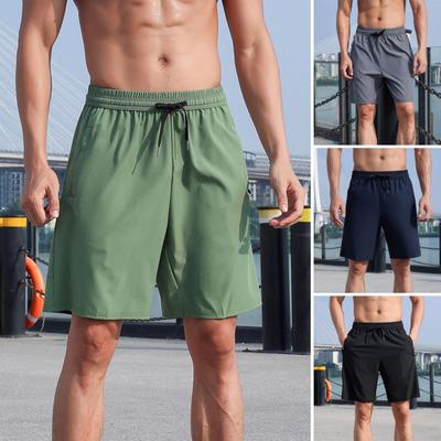 Men Shorts Mid-rise Elastic Waist Adjustable Drawstring Casual Shorts with Pockets Solid