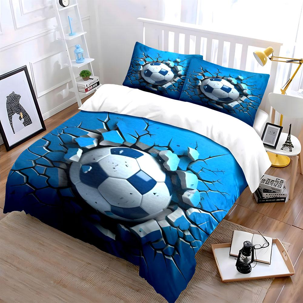 Cool 3D Soccer Ball Breaking Through Wall 3Pcs Bedding Set Soft Microfiber Bedding Set For Football Fans & Boys Room Decor