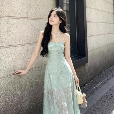 French Vacation Style Lace Suspender Dress Women's 2026 Summer New Waist and Thin Temperament Big Pendulum Long Skirt