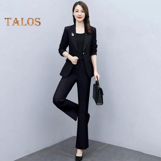 2 buc./set haină formală pentru damă, pantaloni, guler răsturnat, mâneci lungi, costum jachetă, slim fit, culoare pură, pantaloni evazați, îmbrăcăminte zilnică, ținută pentru navetă, birou