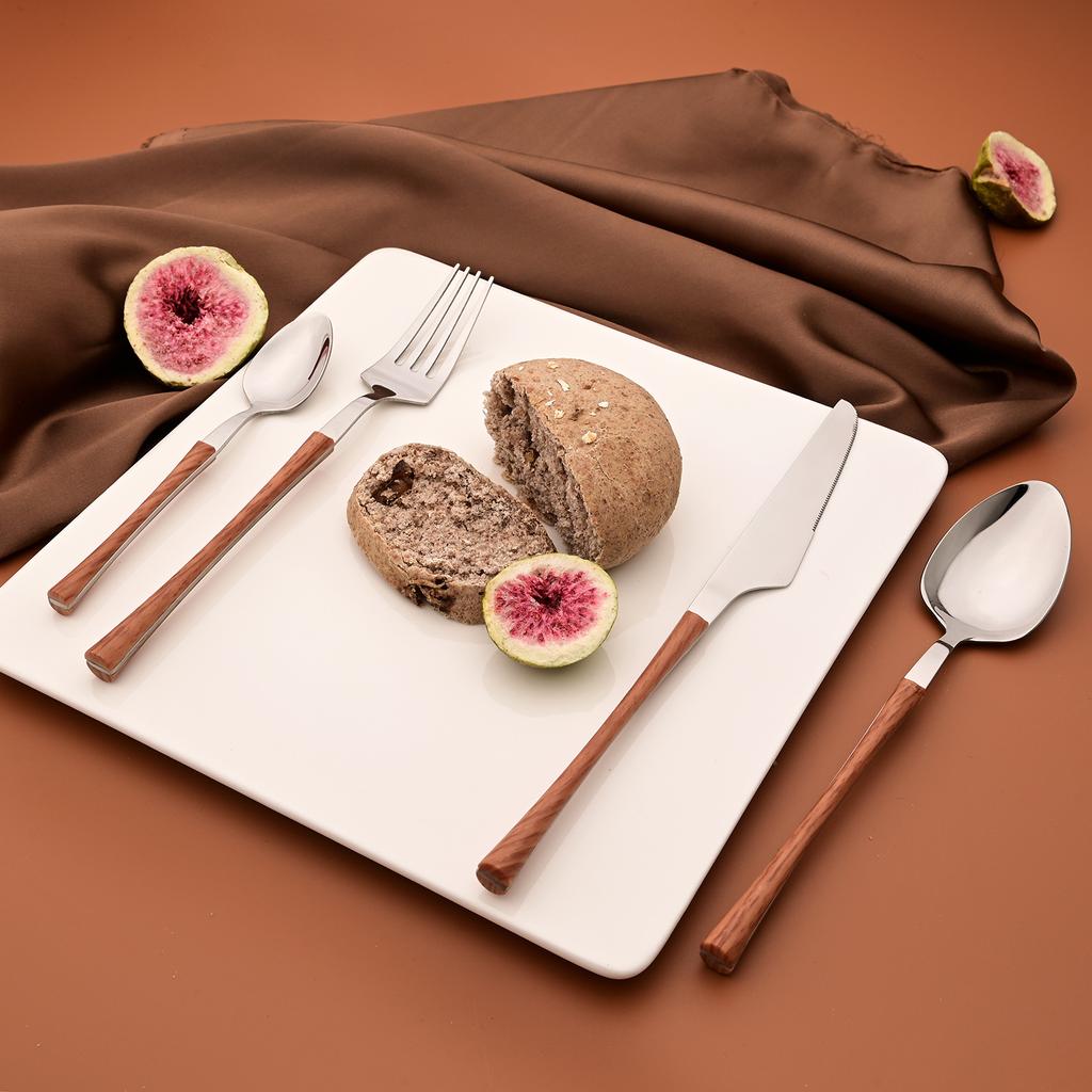 24 ks Příborů s dřevěnou rukojetí Domácí kuchyňská sada nádobí Nůž Vidlička Lžíce Čajová lžička Imitace mramoru Zrcadlová nerezová ocel Služba pro 6 osob