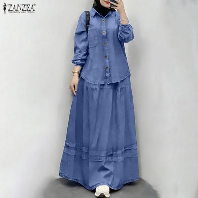Women Long Sleeve Blouse and Long Skirts Casual Two Piece Suit Sets