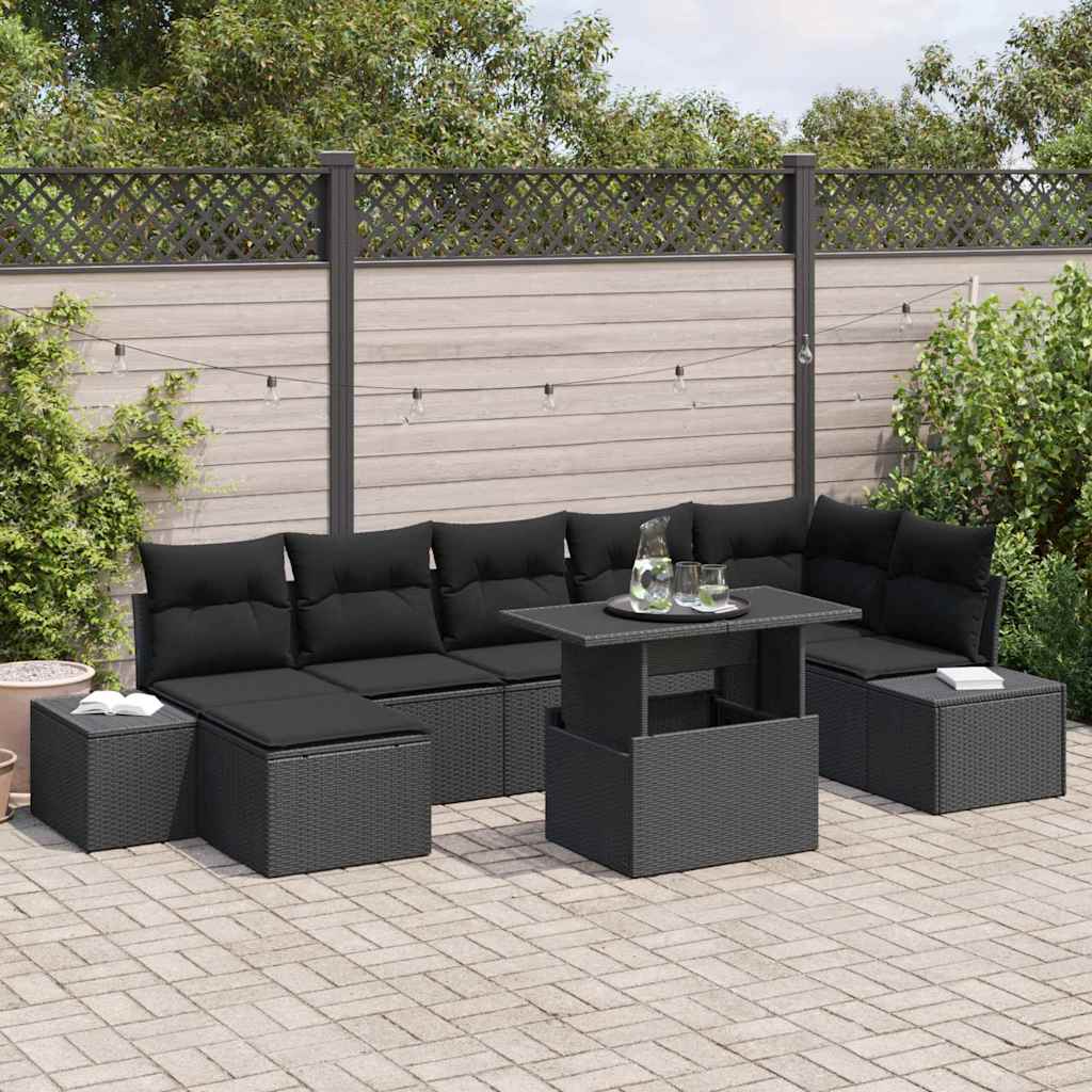 8 Piece Garden Sofa Set with Cushions Black