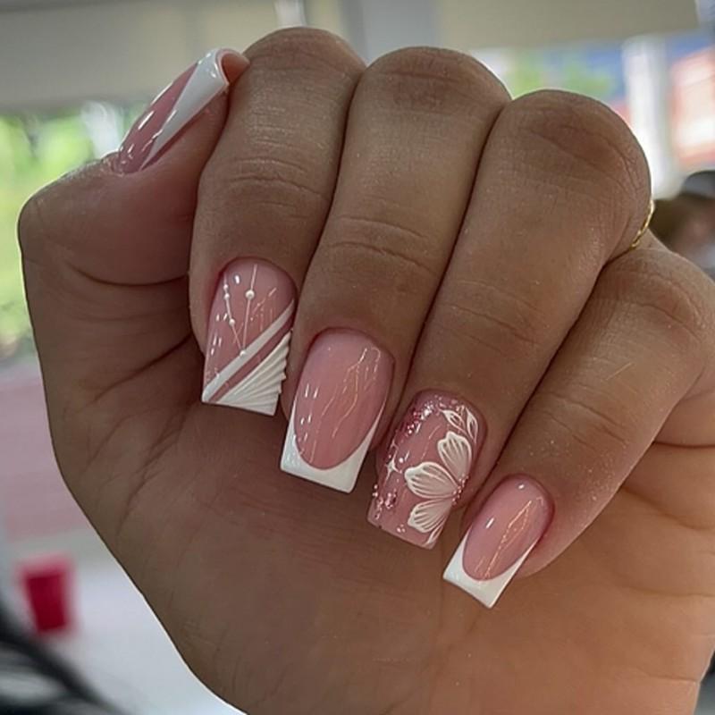 3D Oblique Striped Wearable Nail Art Foreign Trade In Europe America Short Medium-sized Square Pieces White Flower