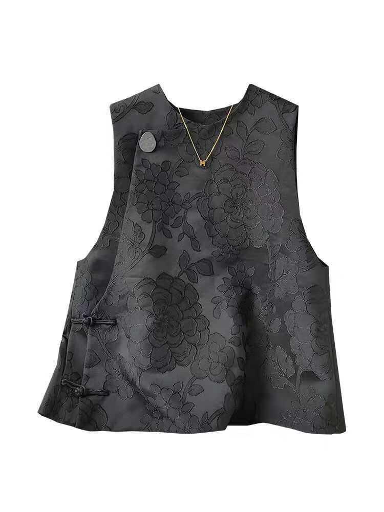2024 Frühling Retro Schwarz Jacquard Chinesische Weste mit Froschverschluss für Damen