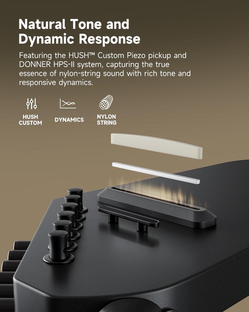 Donner HUSH C Classical Guitar, Nylon String, Electric Guitar, Headless, with Earphone Output and Built-in Tuner, Black