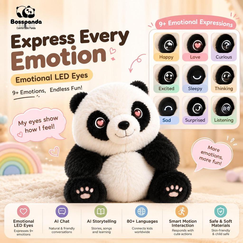 AI-Enhanced Multilingual Children's Panda Plush Toy with LED Emotion Eyes