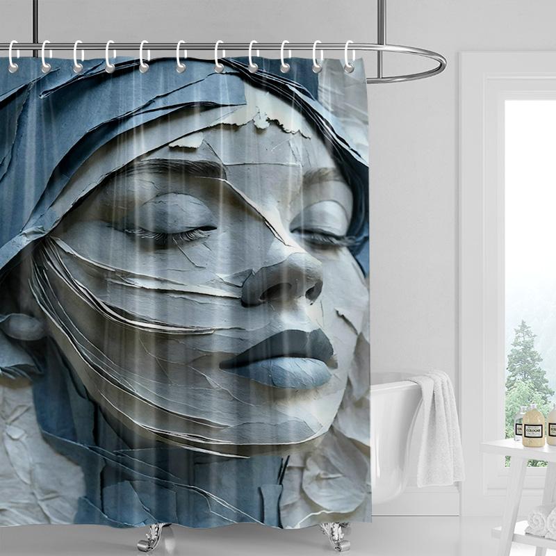 Marble Textured Shower Curtain-Classic Bust Sculpture with Crack Stone Effect, Waterproof Art Bathroom Decoration