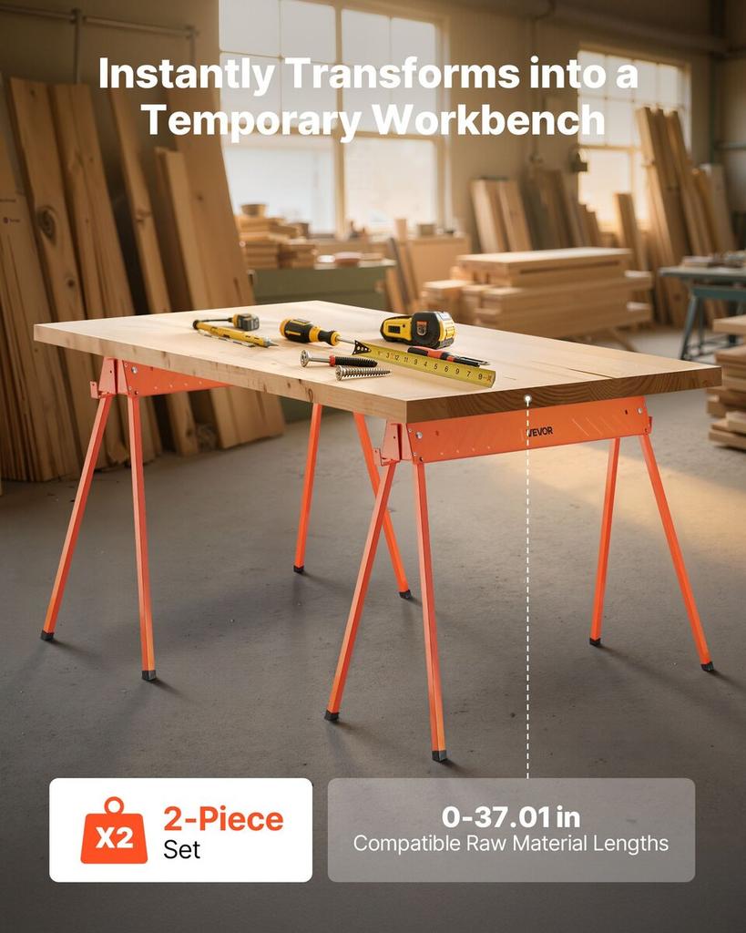 Saw Horses, 2 Pack Folding Work Horses, 299.4 Kg Load Capacity Sawhorse with Heavy Duty Legs, All-Metal Portable Saw Horse with Non-Slip Foot Pads,