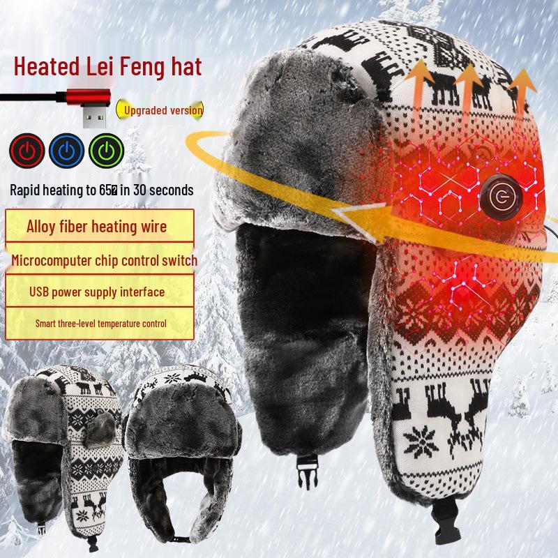 USB Rechargeable Thick Fleece Lei Feng Cycling Hat with Ear Protection - Warm Plush Cotton Christmas Hunting Hat