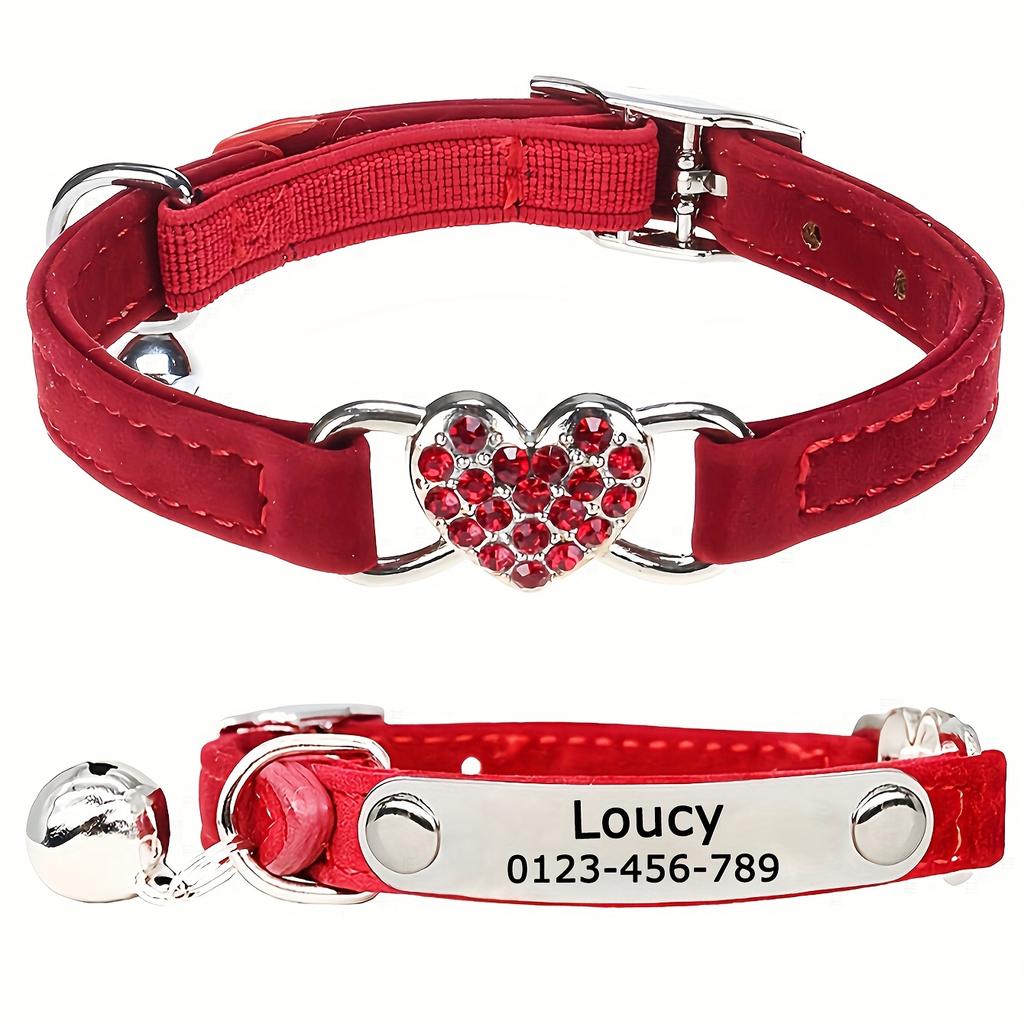 Nep Diamant Afscheurbare Kattenhalsband - Gepersonaliseerde Veiligheidshalsband met Hart. Verstelbaar, duurzaam. Geen verzendkosten!