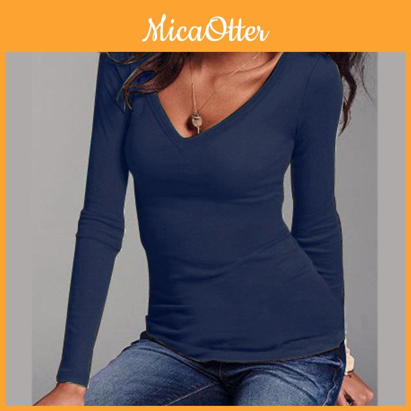 Timeless Design Autumn And Winter Long-sleeved Solid Color V-neck Slim T-shirt
