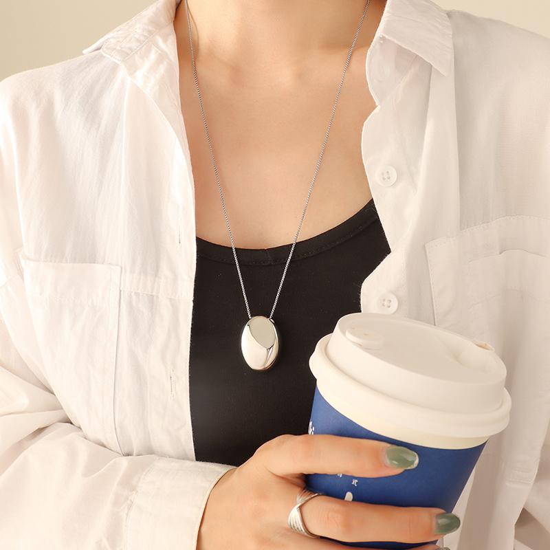 Simple Smooth Oval Pendant Long Necklaces For Women Stainless Steel Gold copper Color Women's Sweater Chain Fashion Zircon Gift