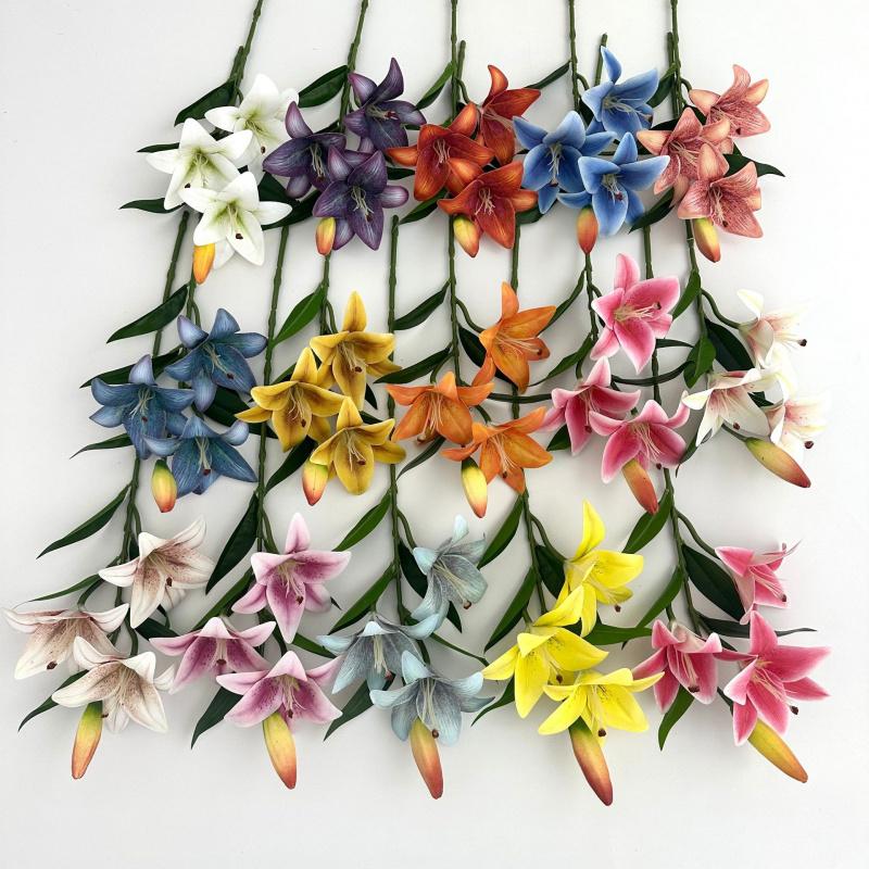 5PCS Artificial Lily Flower Branch Realistic Looking 3D Printed 3 Heads Lily Plant for Wedding Floral Decoration