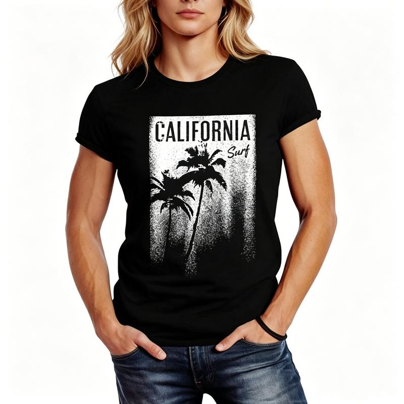 California Surf Graphic T Shirt Retro Palm Tree Print Unisex Cotton Short Sleeve Streetwear For Casual Fashionistas