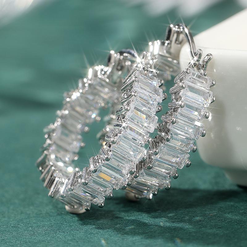 Elegant Sparking Synthetic Zirconia Silvery Plated Hoop Earrings for Women and Men's Concise Wedding Jewelry Accessories Crafts
