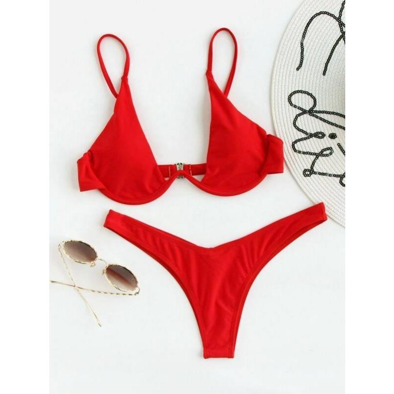 Women's Royal Blue Triangle Bikini Set Underwire Front Closure Thong Bottom Two Piece Swimsuit