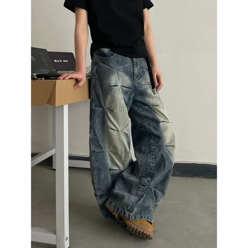 JYL Унисекс Широкие Джинсы Американский Винтаж Плиссированные Стиранные Нишевые Свободные Джинсовые Брюки XL бездна