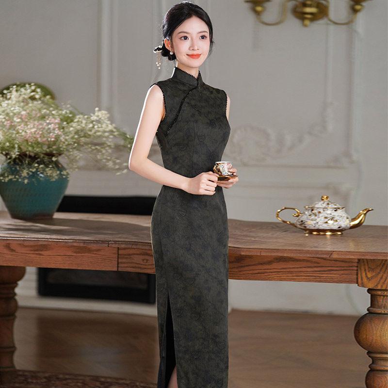 Black sleeveless national style new Chinese long improved cheongsam 1011 new women's high-end retro dress spring and summer