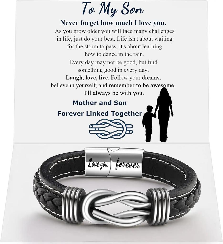 Bracelet en Cuir Nœud Infini pour Homme Anniversaire Noël Anniversaire Hommes Liés Ensemble pour Toujours Bracelet Manchette Tressé pour Fils