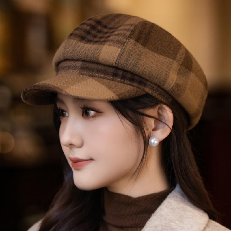 New women's autumn and winter British style retro plaid octagonal hat casual versatile painter hat windproof warm newsboy hat