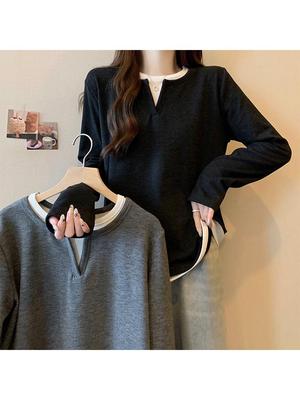 2026 Women's V-neck Brushed Thermal Two-Piece Long-Sleeve Dark Gray T-shirt, Perfect for Spring, Autumn, and Winter.