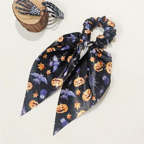 Comfortable Fabric Hair Elastics Halloween Ties for Women Girls, Spooky Spider Web Skeleton Bat Non-damaging Bands Pumpkin Scrunchies, Pleated