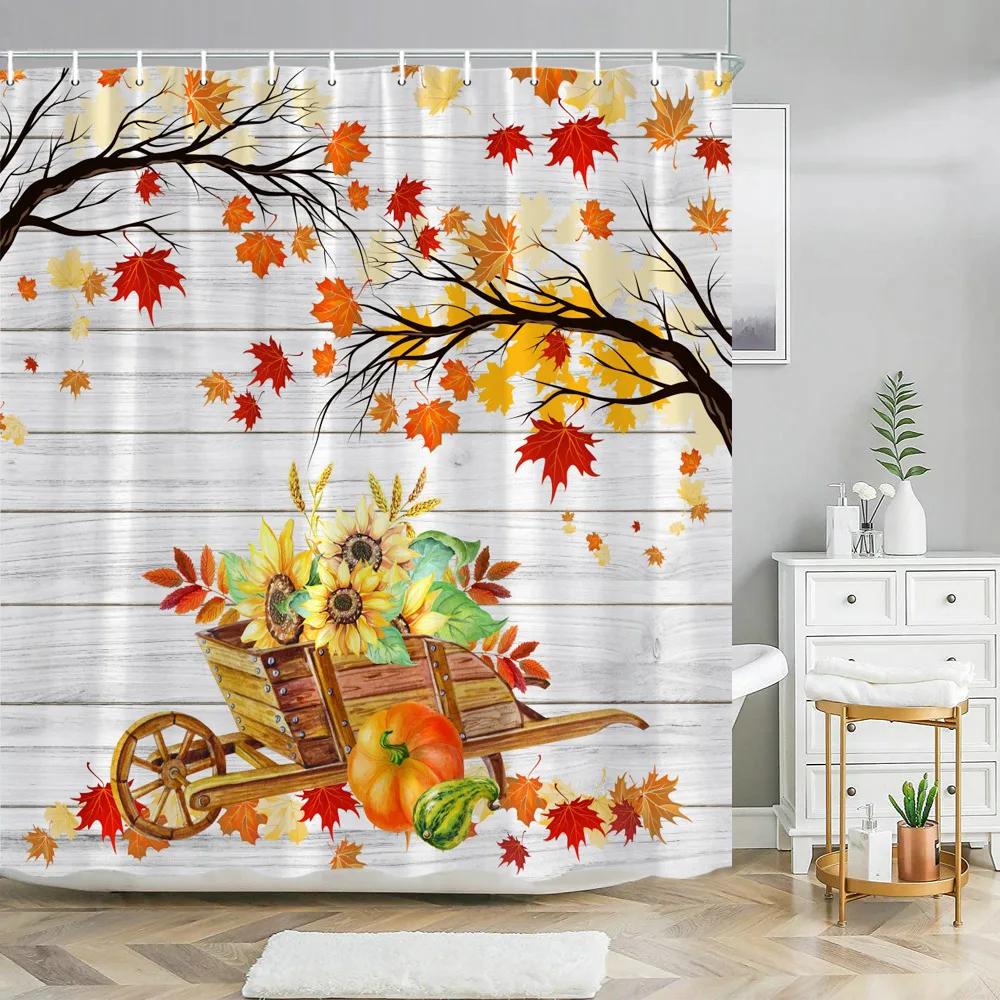 Fall Pumpkin Floral Bathroom Shower Curtain Funny Gnomes Fall Falling Maple Leaves Bathroom Decor Shower Curtain with Hooks