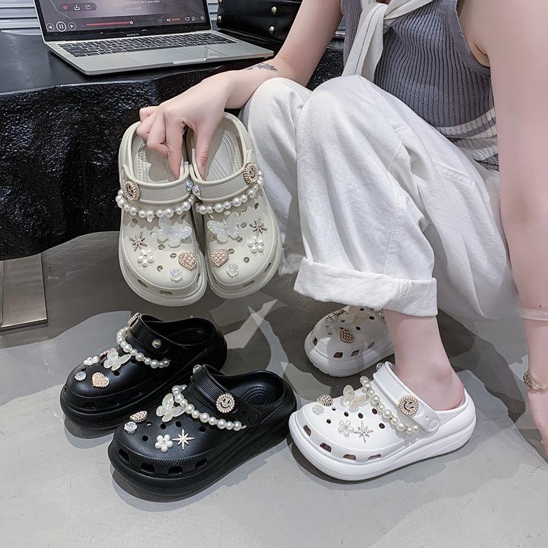 Little Fairy Pearl Chain Thick-soled Hole Shoes Female Summer Crystal Butterfly Eva Bag Head Drag Cool Slippers