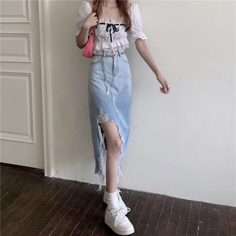 Revet Ujevn Denimskjørt for Kvinner Retro Sliss Midilengde Skjørt Høy Midje Stor Størrelse Dameklær Street Style