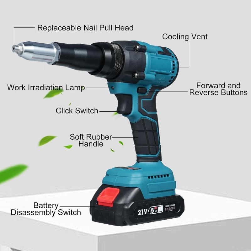 Lithium Battery Riveter Portable 21V Electric Automatic Brushless Blind Riveter Tool Kit with Battery and Charger for 1/8'' 5/32'' 3/16'' Rivets