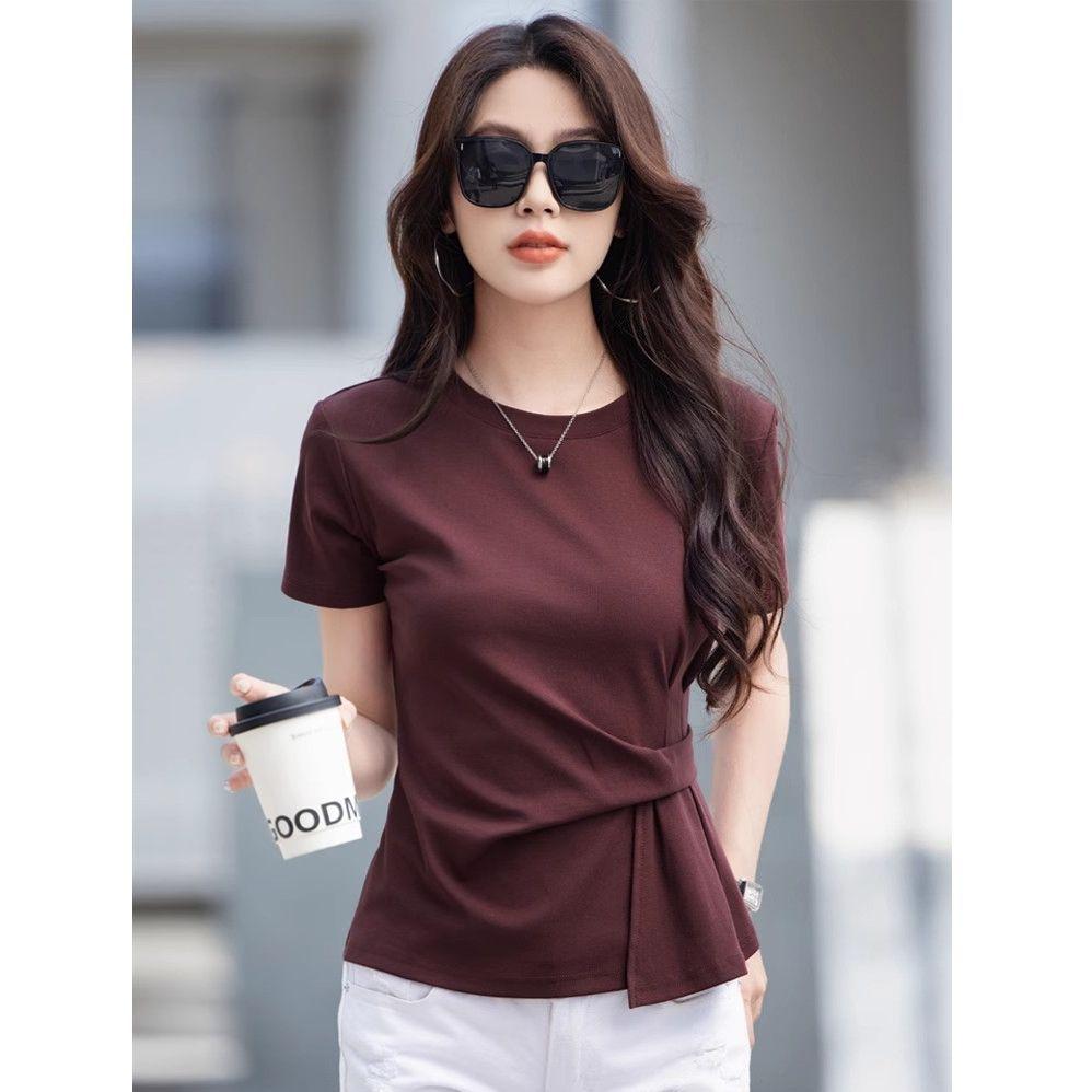 Fashion design short-sleeved T-shirt women's 2025 summer new irregular belly covering slightly fat and thin niche top