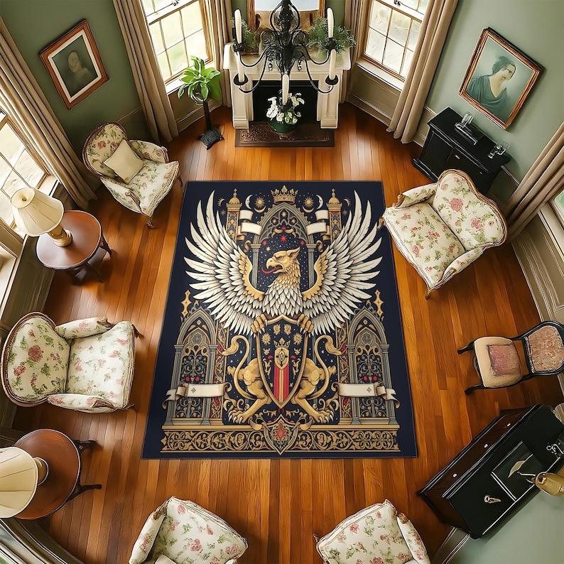 Medieval Griffin Rug, Mythical Creature Carpet with Heraldic Eagle Crest for Gothic Living Room, Low-Pile Easy Clean Decor 50x80cm