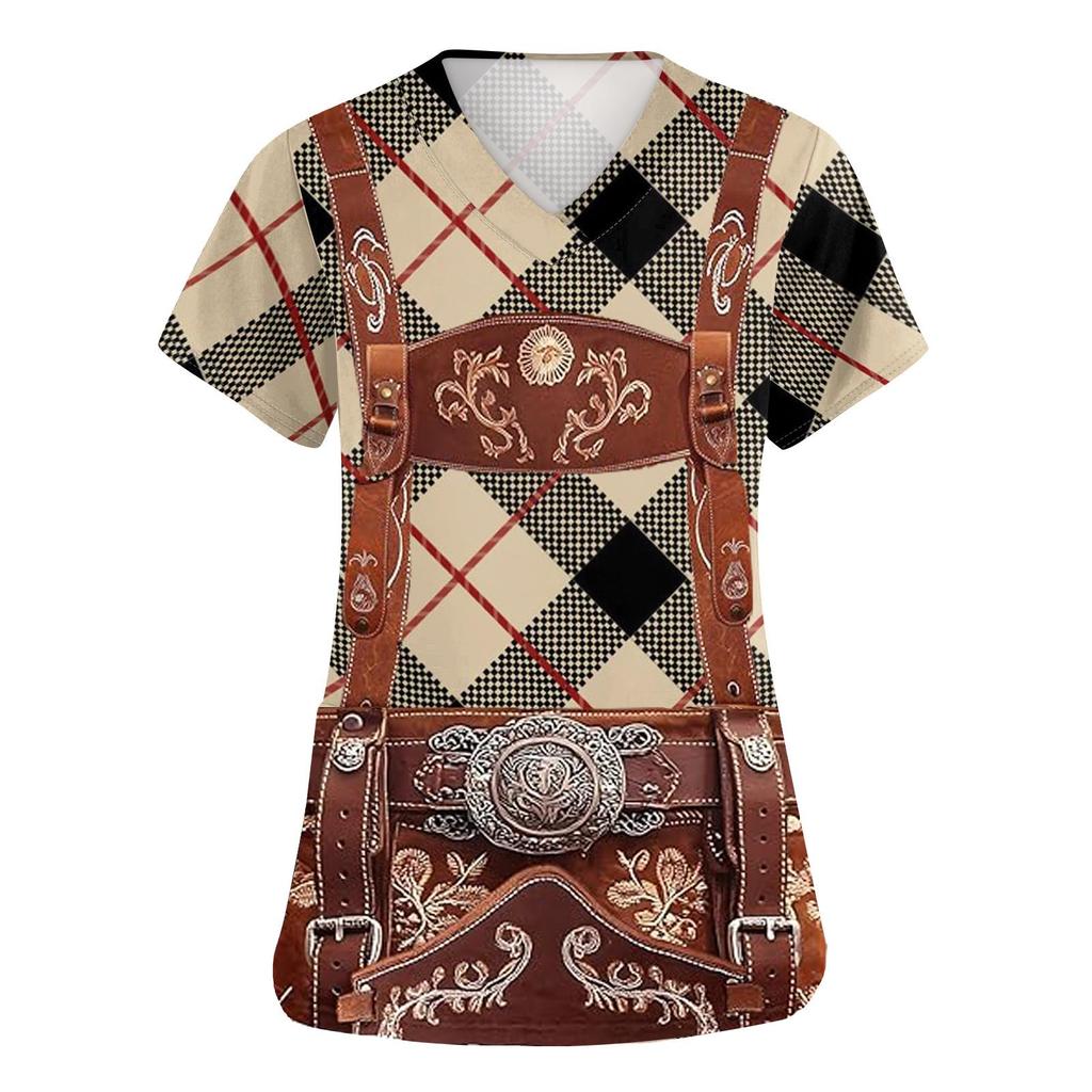 Women V Neck Short Sleeve Work Shirt with Pockets Oktoberfest Print Top Nursing Uniform Medical Scrub Tee with Front Pocket Design