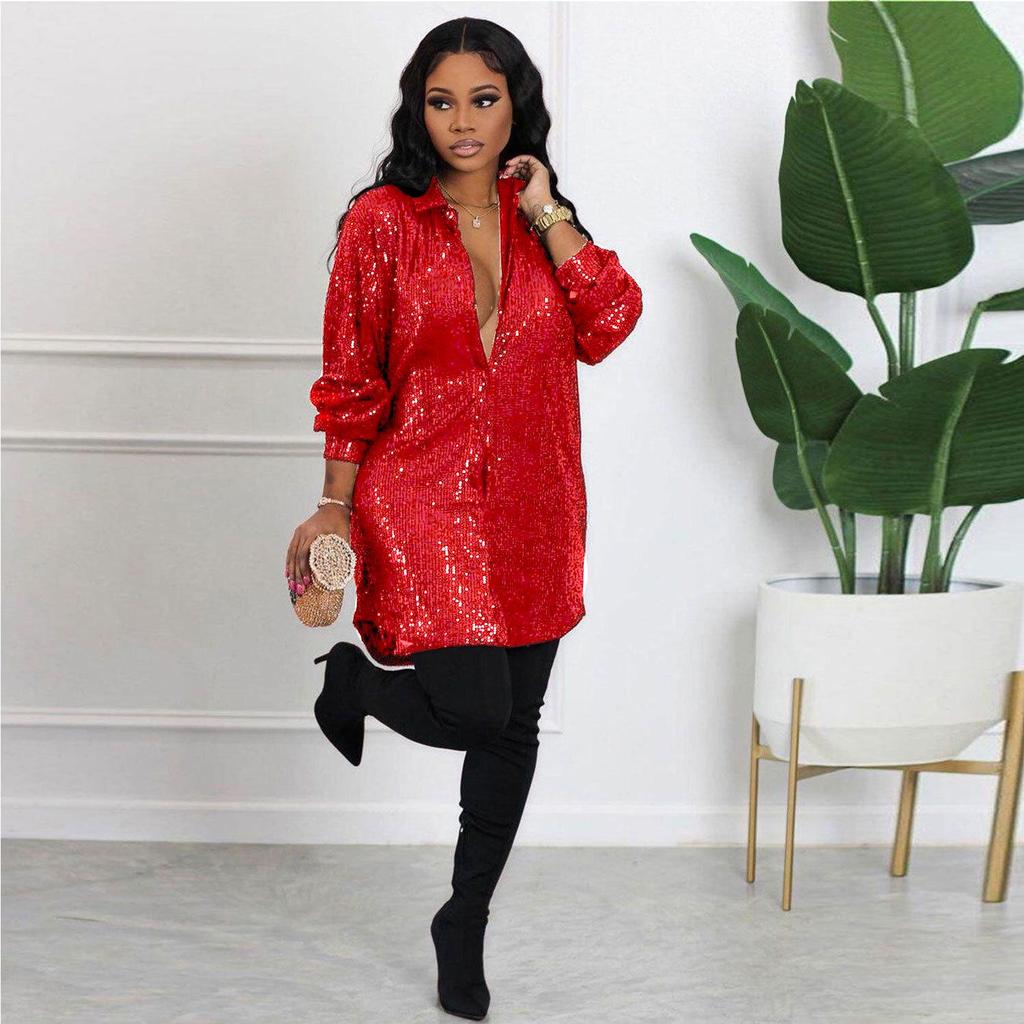 Stylish European & American Sequin Shirt Dress