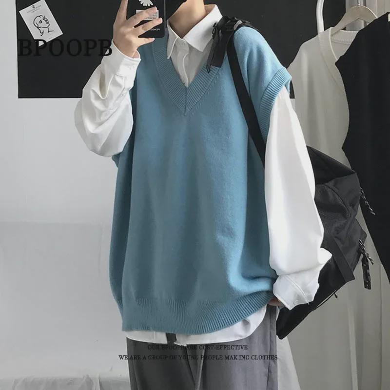 Men's Casual Sleeveless V-Neck Sweater Vest - Japanese & Korean Style for Spring/Autumn