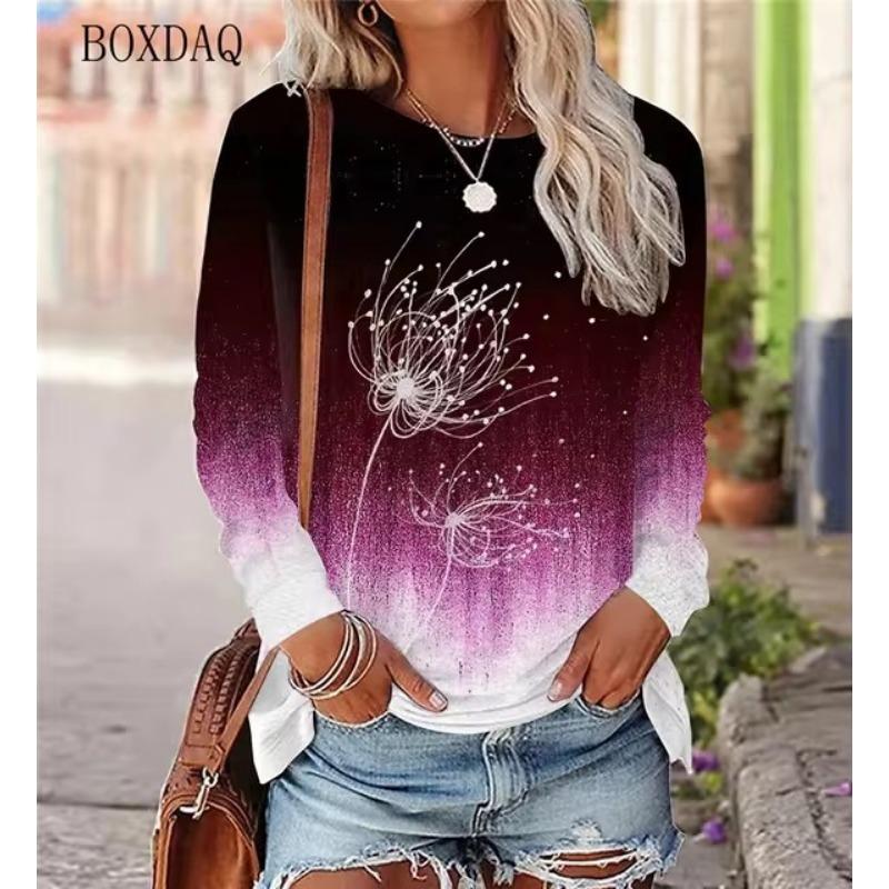 Löwenzahn Muster Damen T-Shirts Frühling Herbst Langarm 3D Pflanzen&Blumen Druck Street Gradient Damen T-Shirts 5XL Übergröße Top