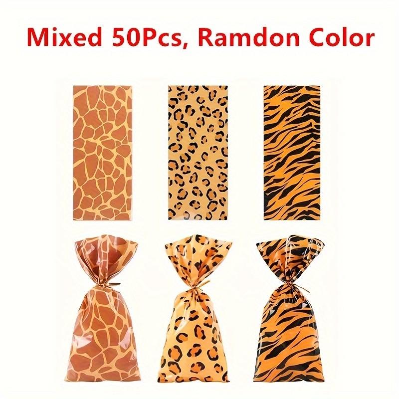 50 Pack Animal Print Gift Bags with Twist Ties - Giraffe, Leopard, Tiger Pattern Polypropylene Candy Bags for Party Favo