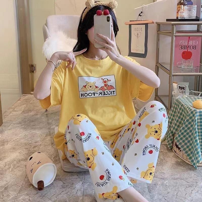 Pajamas women's short-sleeved trousers summer cartoon cute 2 new cartoon spring and summer loungewear suit can be worn outside