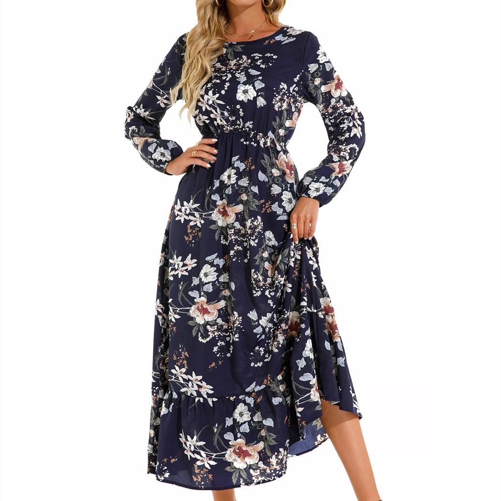 Women Spring Autumn O Neck Long Sleeve A Line Slim Elastic Waist Floral Print Long Dress Ruffle Clothing