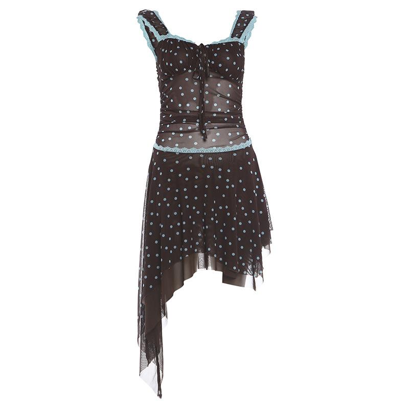 2026 European and American summer new niche slim-fitting waist and thin square neck lace lotus leaf polka dot dress women