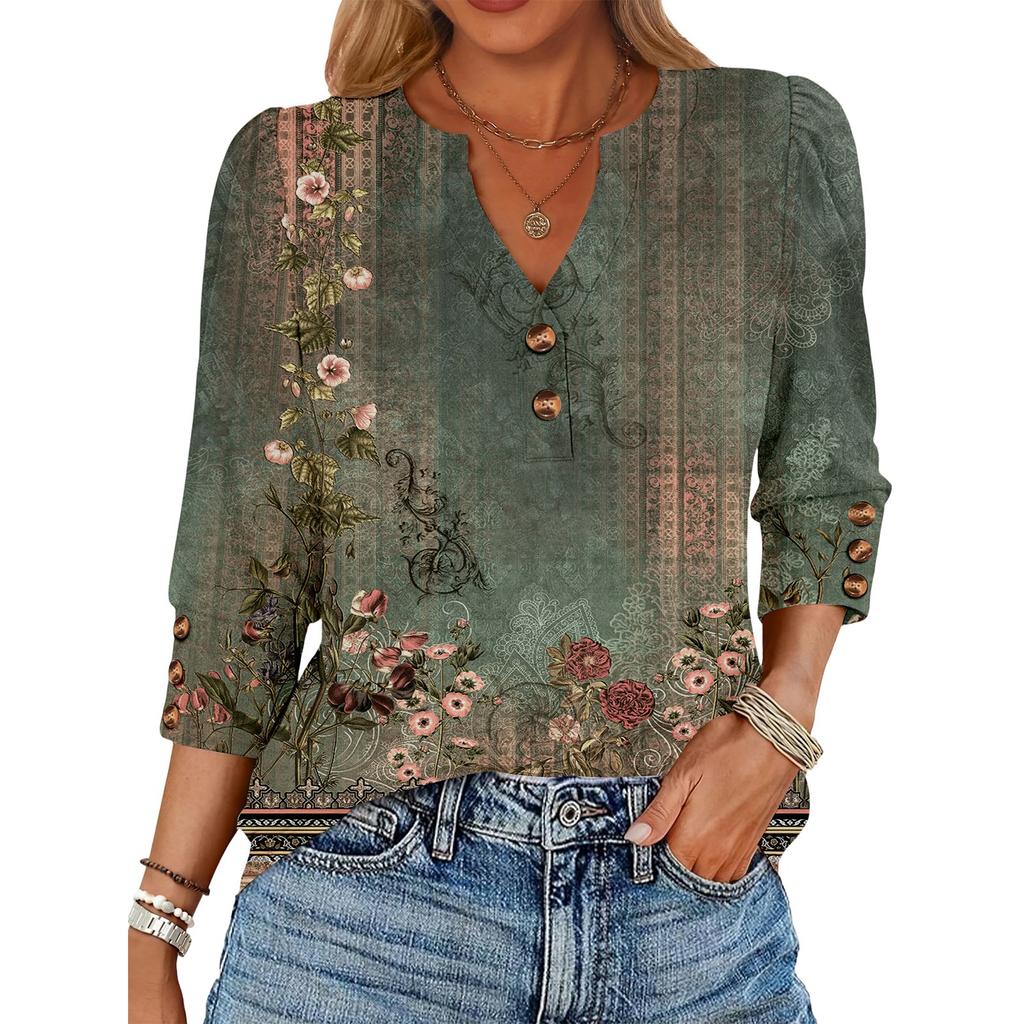 Women's Retro Printed Loose 7-inch Sleeve Top