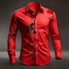 Men's Red Rose Printed Long Sleeved Shirt with White Casual Button Up Top for Romantic Occasions