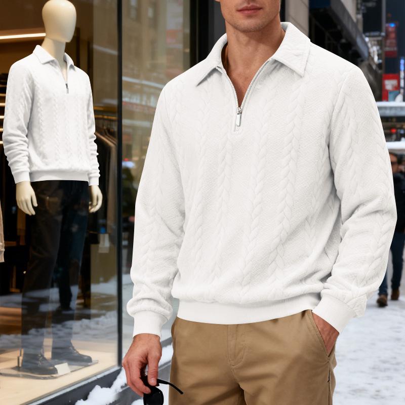 2026 Men's Heavyweight Textured Lapel Zip Polo Sweatshirt for Spring/Autumn