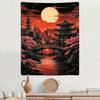 Japanese Pagoda Cherry Blossom Tapestry, Zen Wall Hanging, Oriental Full Moon Wall Decor for Bedroom Living Room