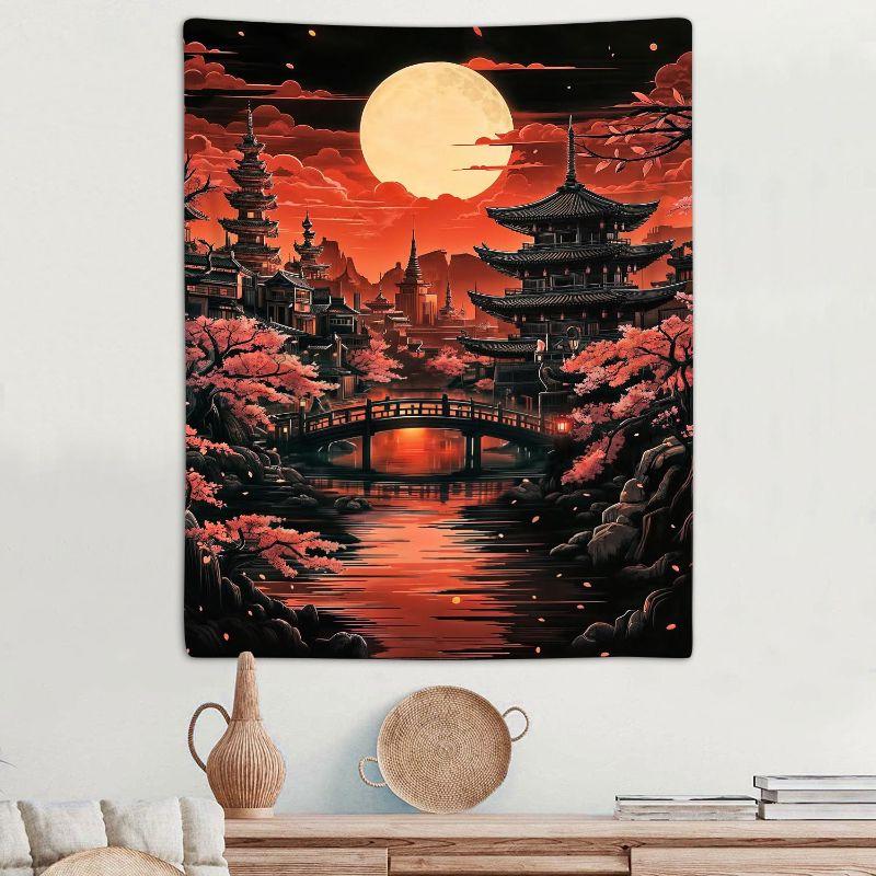 Japanese Pagoda Cherry Blossom Tapestry, Zen Wall Hanging, Oriental Full Moon Wall Decor for Bedroom Living Room